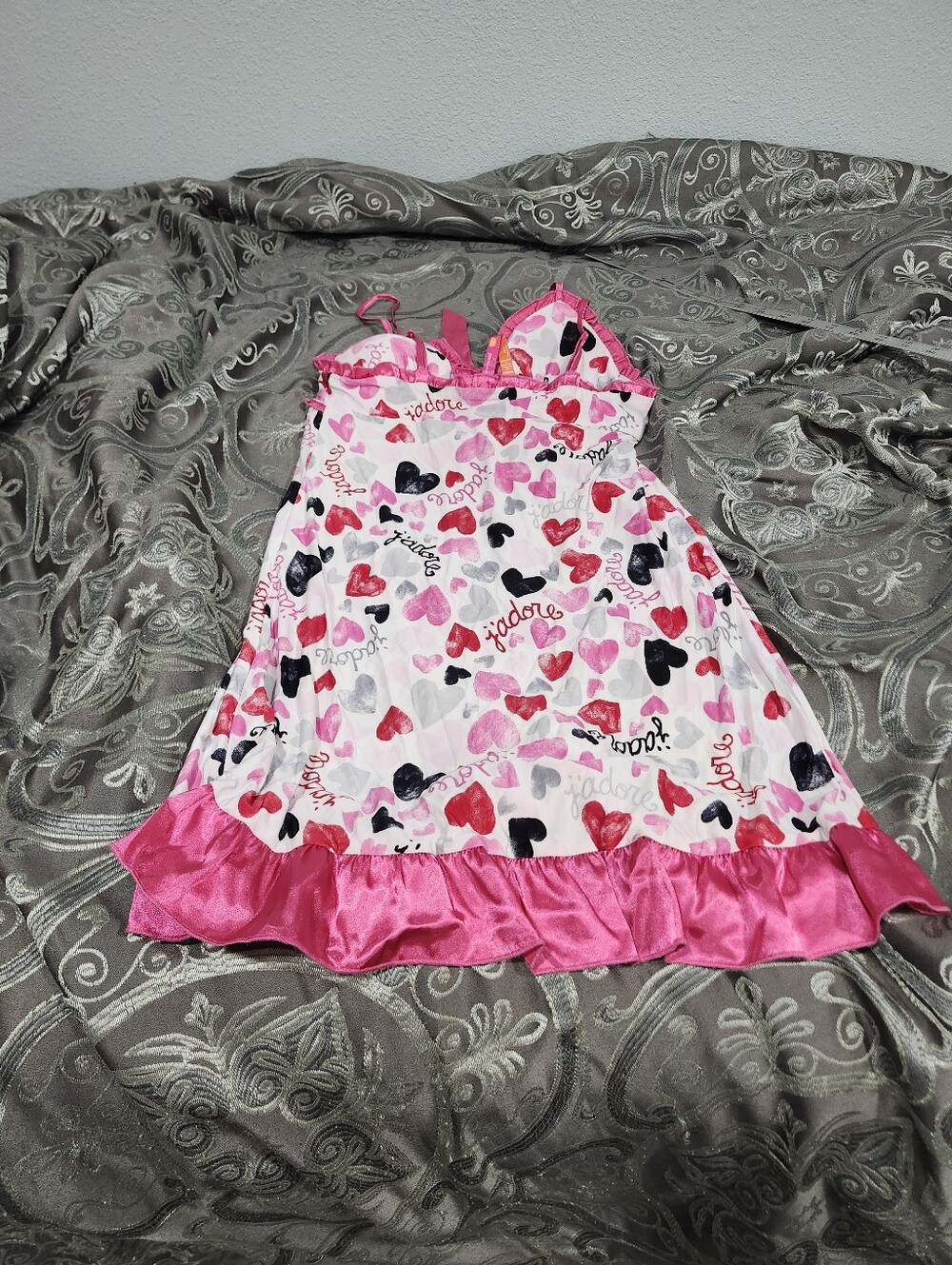 Y2k Jenni Satin Pink Ruffle Bow Red White Heart Print Stretch Nightie Size Xs - Picture 5 of 5